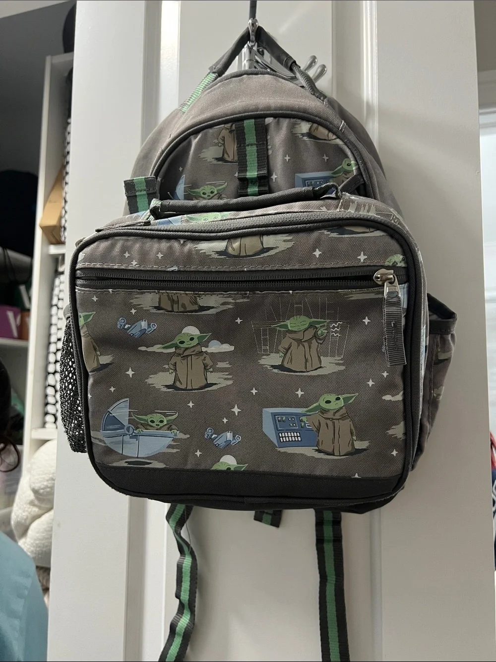 Pottery Barn Kids Gray Grogu-Themed Backpack with Green Accents